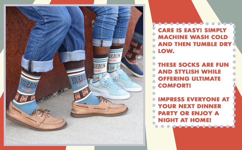 Image of three legs wearing bourbon themed socks while sitting on a ledge