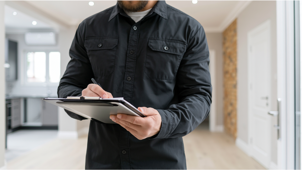 Property manager documenting lease violations with inspection notes and photographs inside a rental property.