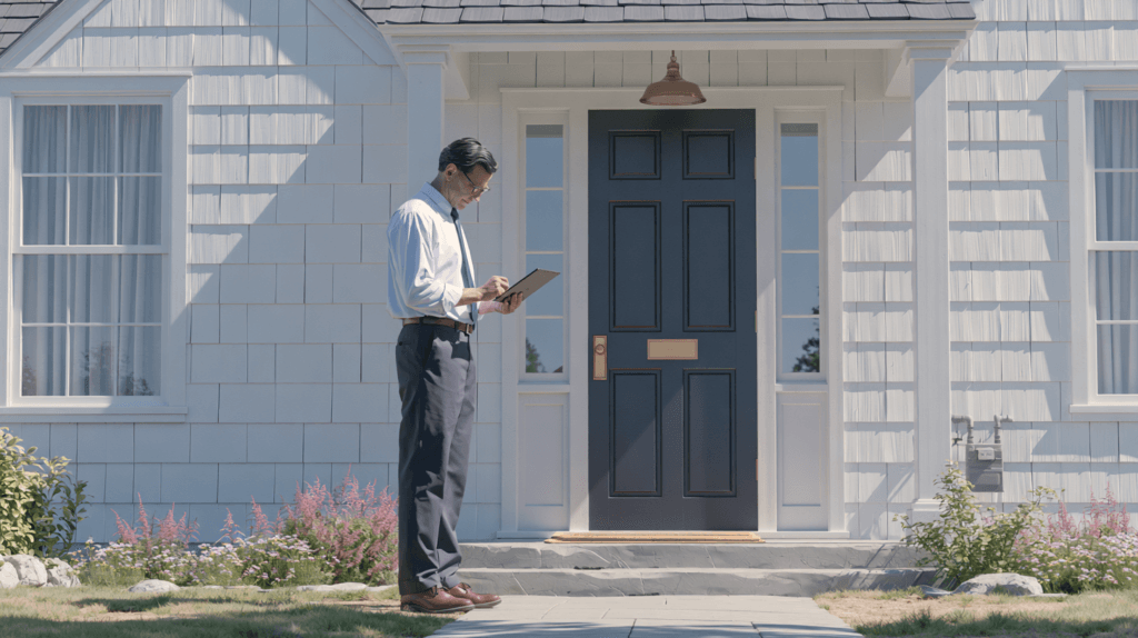 Property manager inspecting a rental property while documenting maintenance needs.
