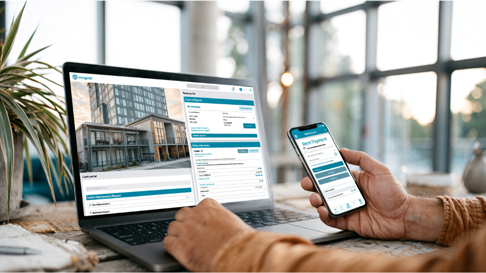 Tenant using an online portal to pay rent, submit maintenance requests, and review lease information.