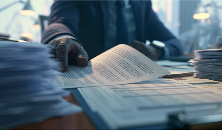 Property manager reviewing tenant records, lease documents, and eviction paperwork in a professional office.