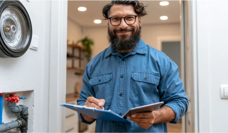 Property manager inspecting a rental property for maintenance issues with a checklist and repair documents.